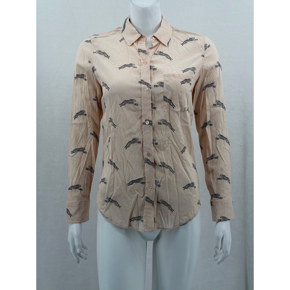 Rails Top Womens XS Blush Kate Cheetahs Button Up Silk Sheer Novelty Preppy